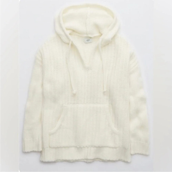 Aerie Street Cream Wool Blend Oversized Chunky Knit Sweater Hoodie S NWOT - Picture 3 of 10